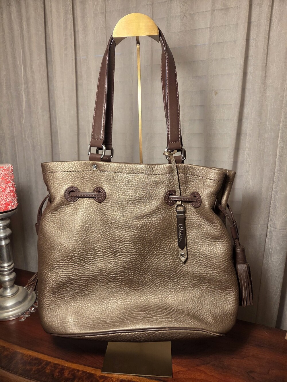 Vintage Cole Haan Bronze Pebbled Leather Drawsting Bucket Bag